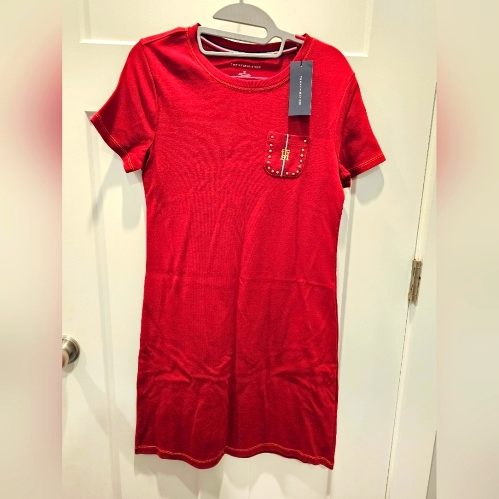 Tommy Hilfiger Red Studded Logo Pocket T-Shirt Dress Women’s Small NWT